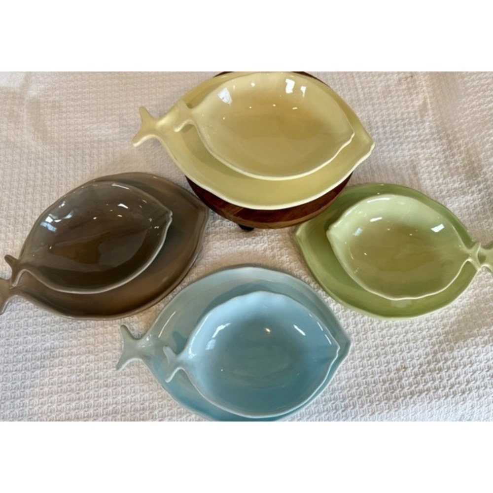 8 Pc Fish Shaped Serving Platter & Bowl Set Pastel Ceramic Coastal Beach Cottage